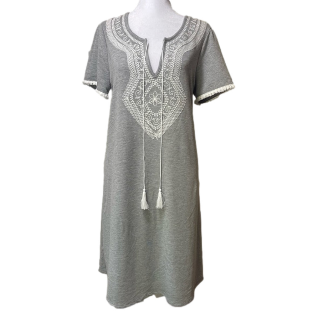 Spense Embroidered Dress Short Sleeve Heather Gray Boho Pullover A-Line Coverup